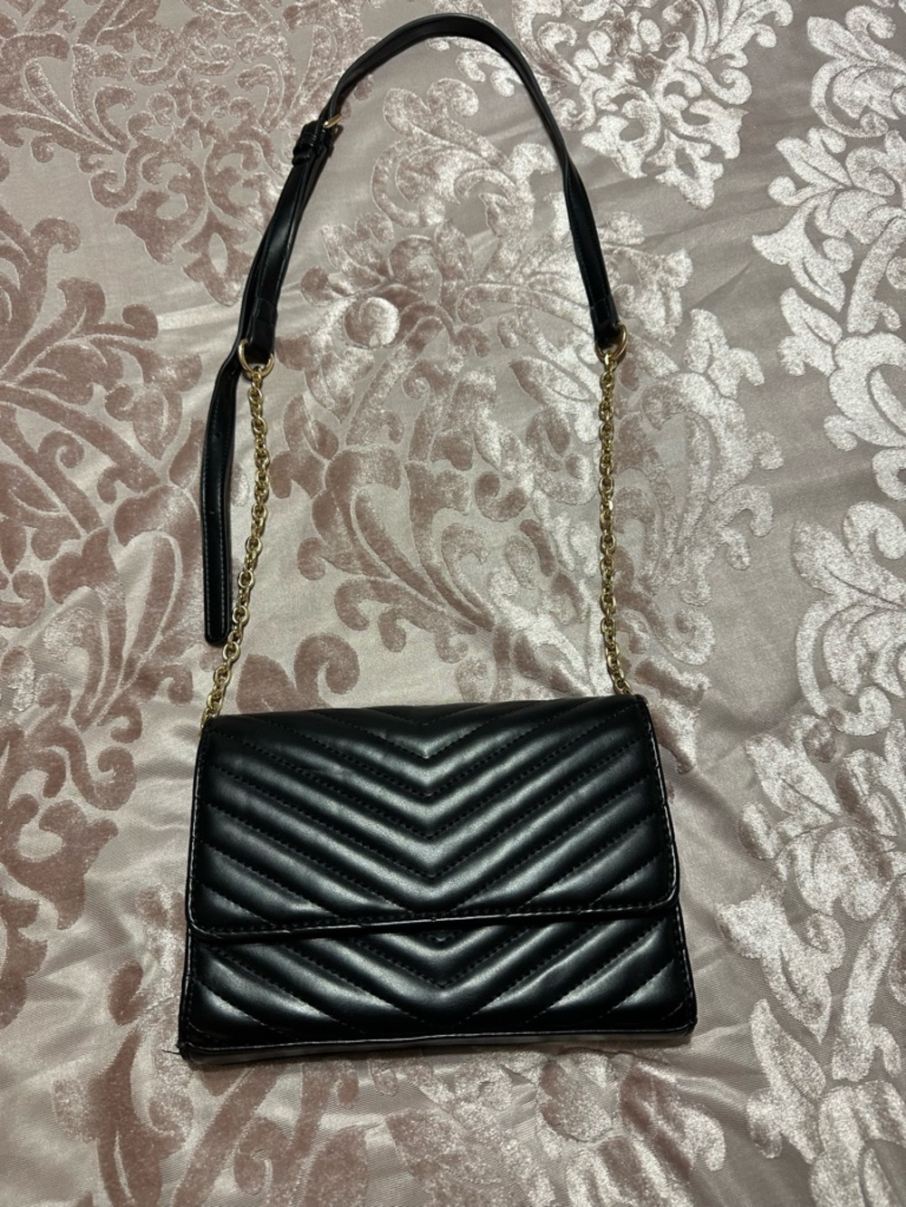 Black Quilted Chain-Accent Shoulder Bag